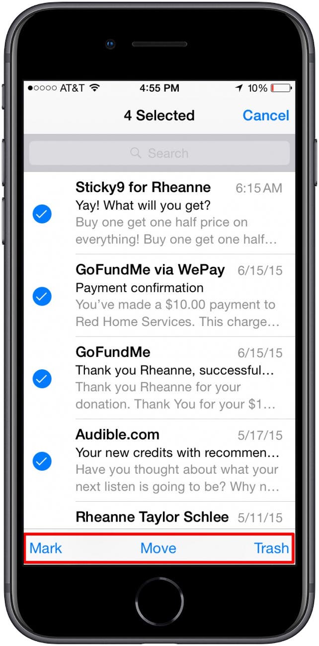 How to move delete mark multiple emails at a time on the iphone